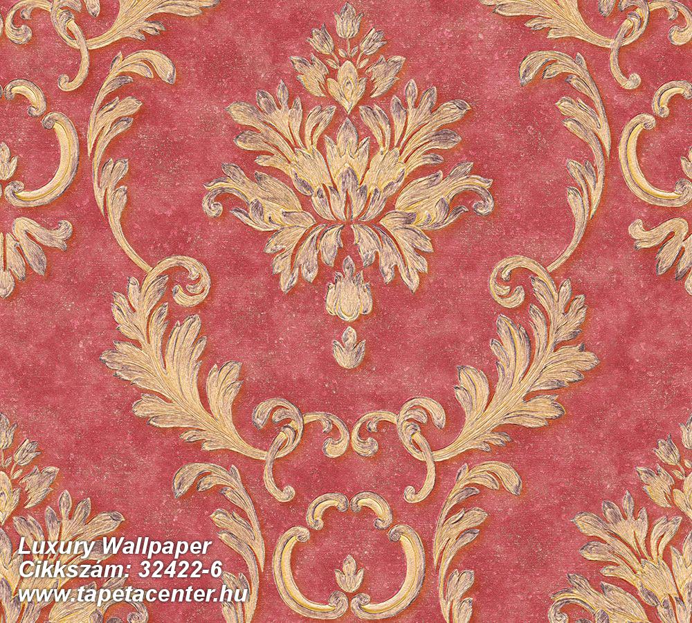 Barokk-klasszikus,fémhatású - indusztriális,különleges felületű,arany,piros-bordó,súrolható,vlies tapéta 